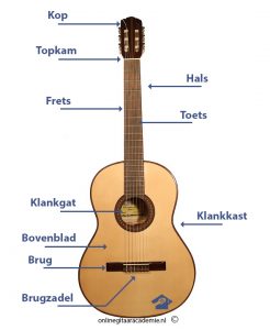 Gitaaronderdelen gitaar kop topkam hals fret toets klankgat klankkast bovenblad brug brugzadel